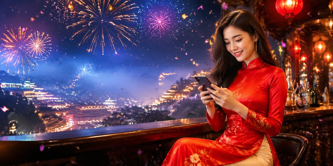 Người phụ nữ mặc áo dài truyền thống tại Sapa trải nghiệm casino trên điện thoại di động
